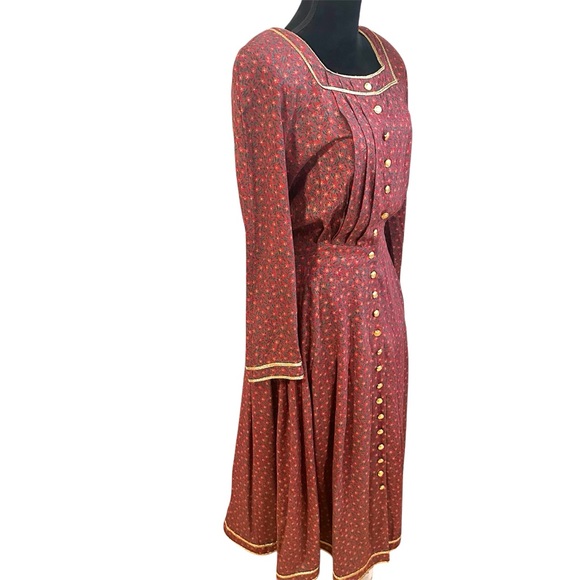 Vtg Kathie Lee for Plaze South Size 6 Prairie Dress Maxi Red Floral Gold Trim - Picture 2 of 14